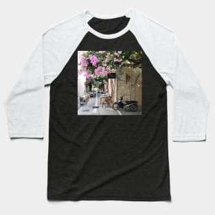 Greek street with pink blossom Baseball T-Shirt